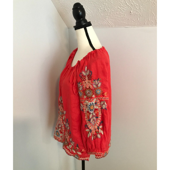 Johnny Was Maisie Coral Orange Embroidery Blouse with Side Tie - Size XSM - Picture 3 of 8